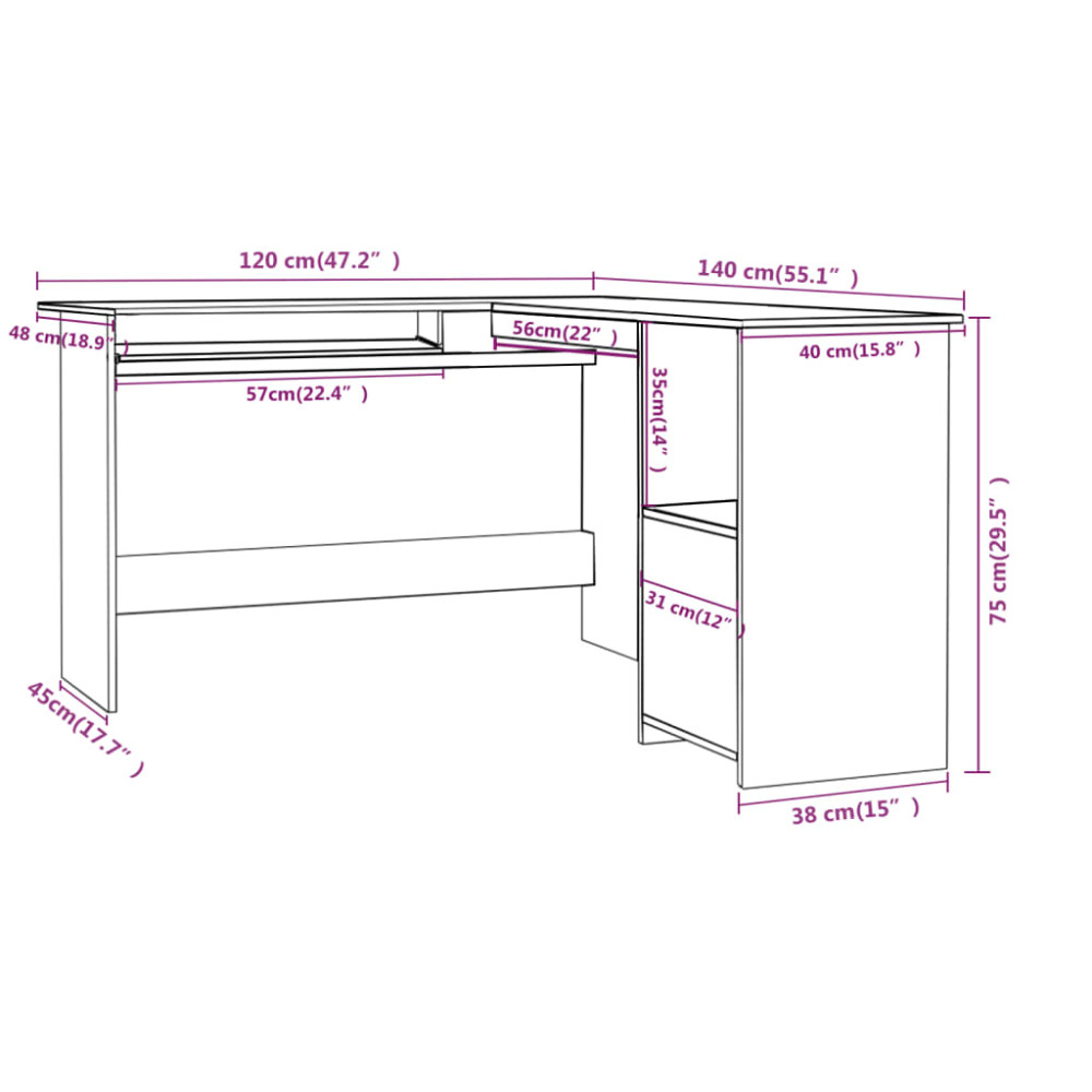 Produktbild för Skrivbord L-format vit 120x140x75 cm konstruerat trä