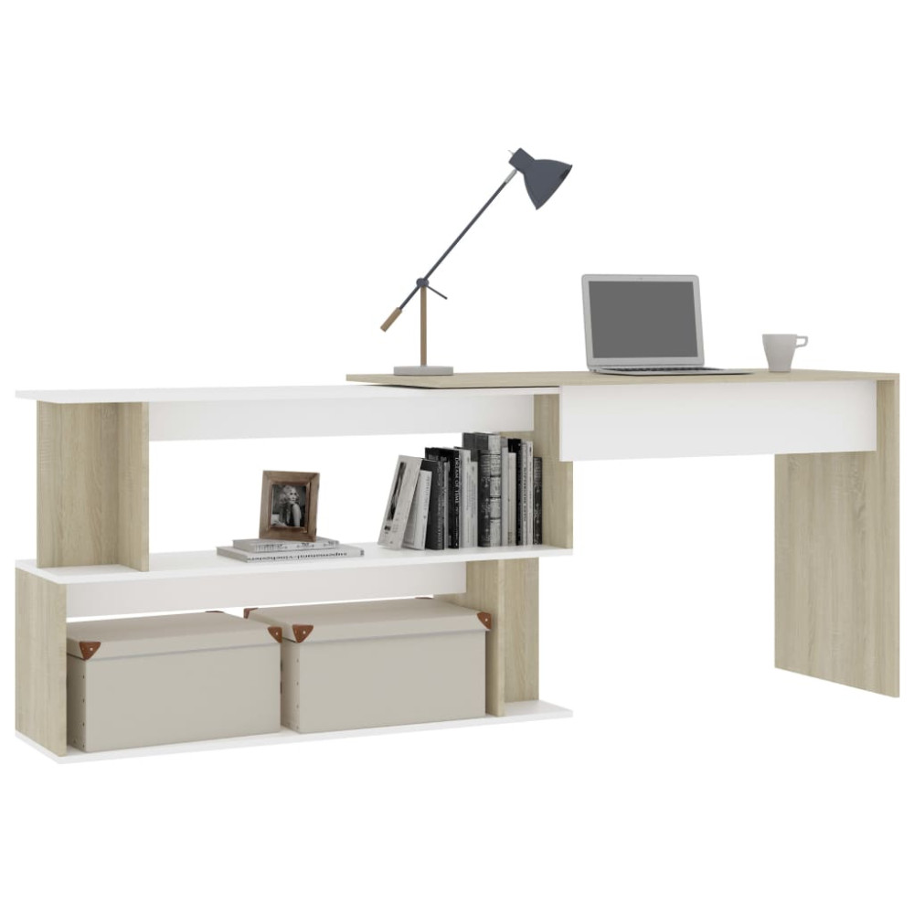 Produktbild för Skrivbord hörn vit och sonoma-ek 200x50x76 cm konstruerat trä
