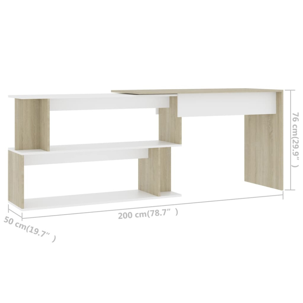 Produktbild för Skrivbord hörn vit och sonoma-ek 200x50x76 cm konstruerat trä