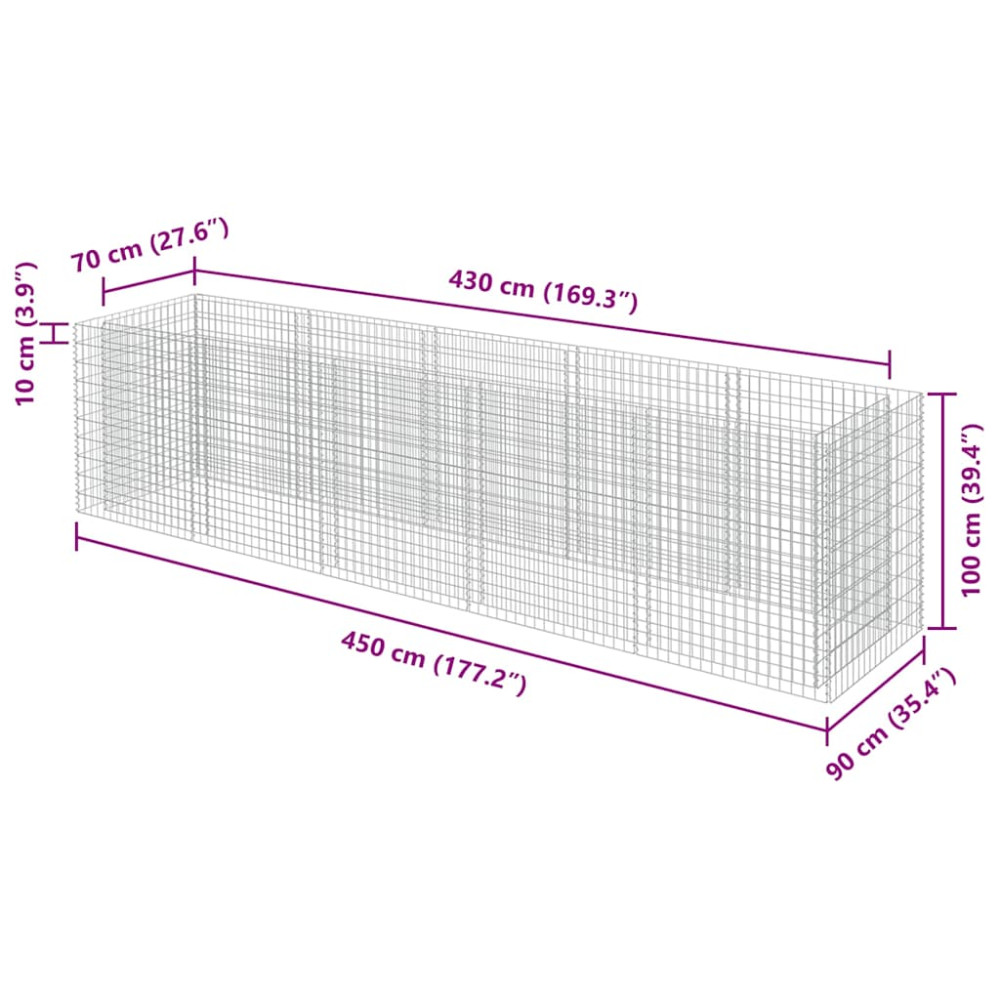 Produktbild för Planteringsgabion upphöjd galvaniserat stål 450x90x100 cm