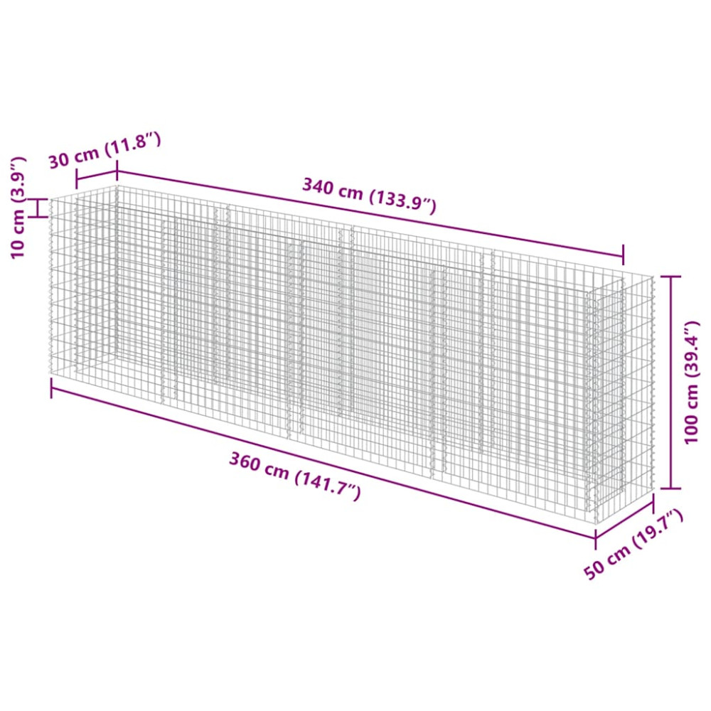Produktbild för Planteringsgabion upphöjd galvaniserat stål 360x50x100 cm