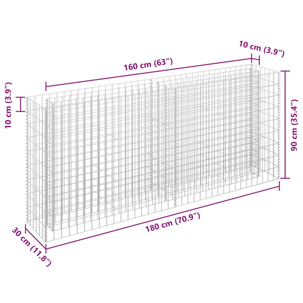Produktbild för Planteringsgabion upphöjd galvaniserat stål 180x30x90 cm