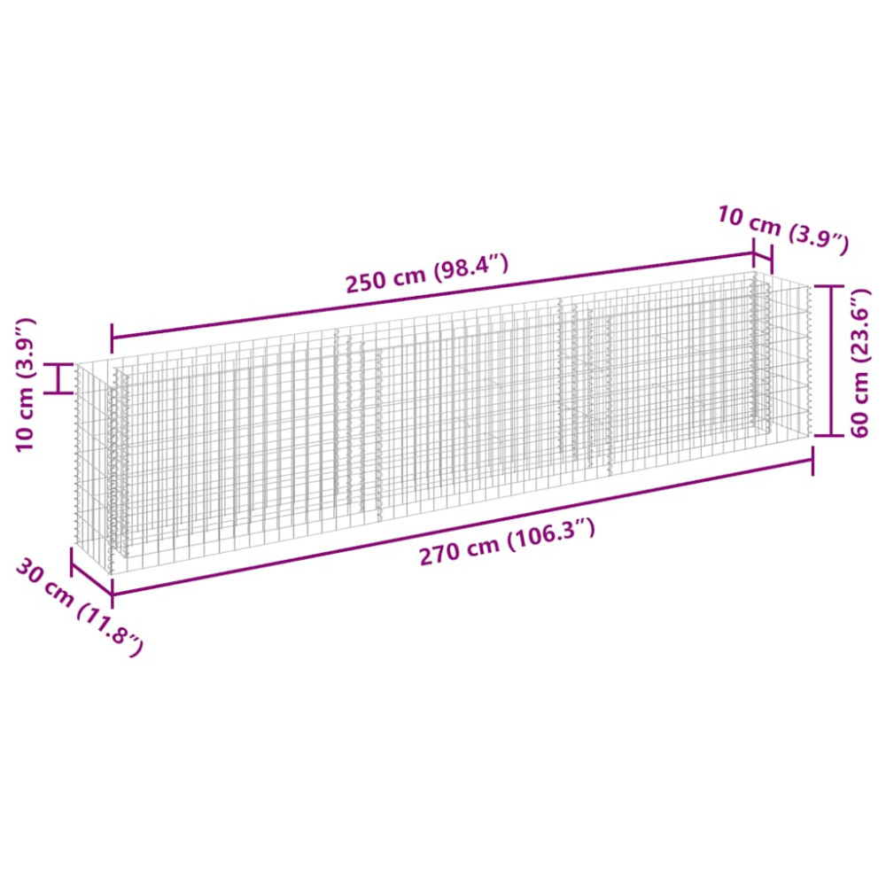 Produktbild för Planteringsgabion upphöjd galvaniserat stål 270x30x60 cm