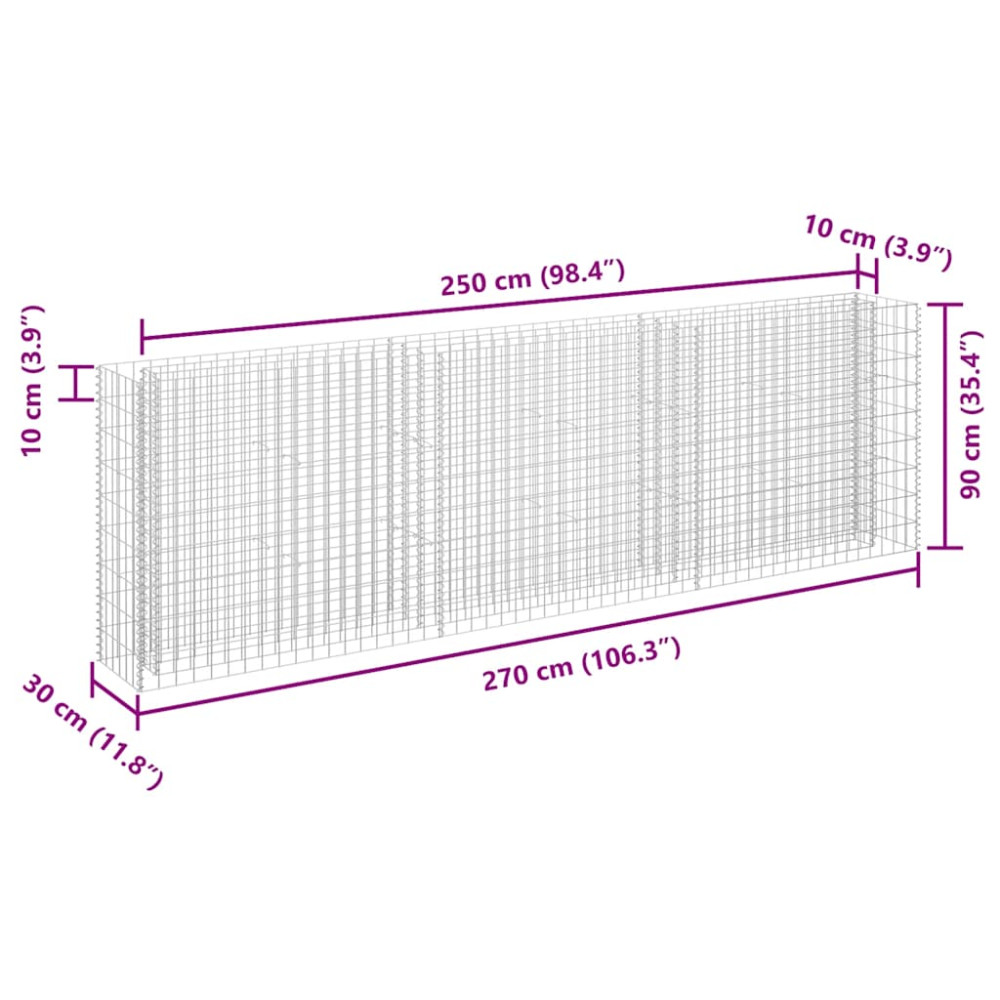 Produktbild för Planteringsgabion upphöjd galvaniserat stål 270x30x90 cm