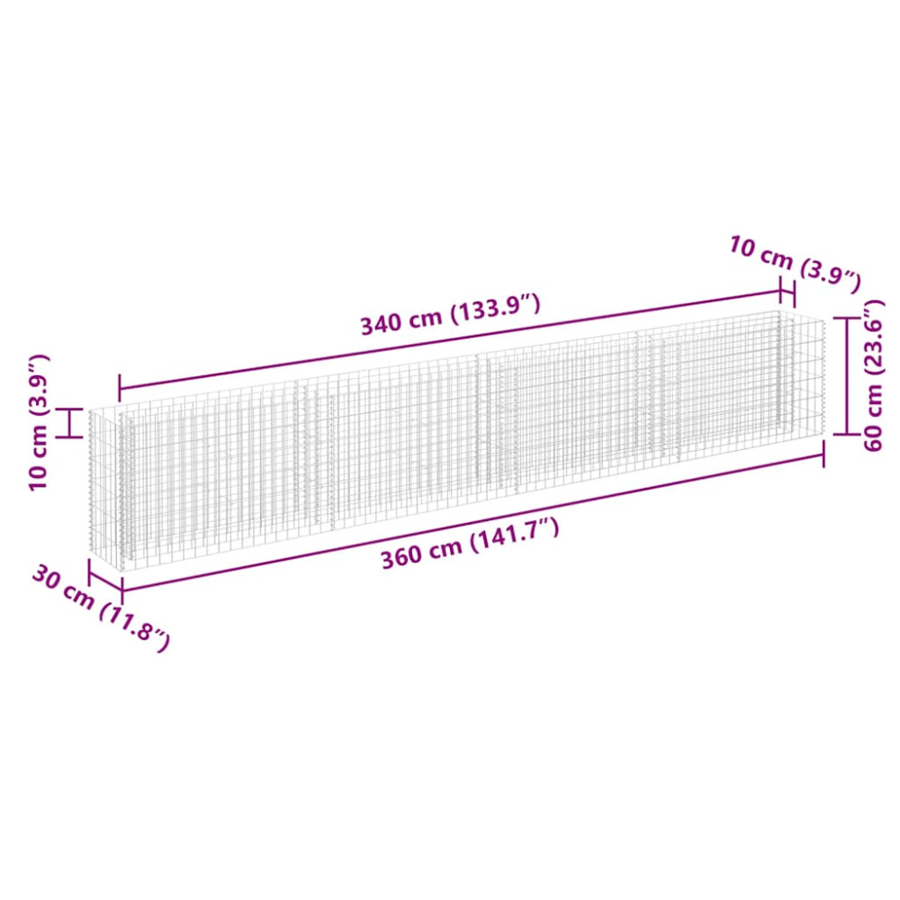 Produktbild för Planteringsgabion upphöjd galvaniserat stål 360x30x60 cm