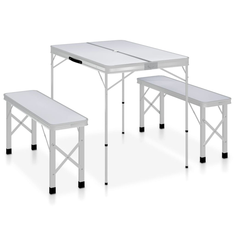 Produktbild för Hopfällbart campingbord med 2 bänkar aluminium vit