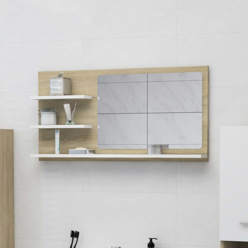 Produktbild för Spegelskåp vit och sonoma-ek 90x10,5x45 cm spånskiva