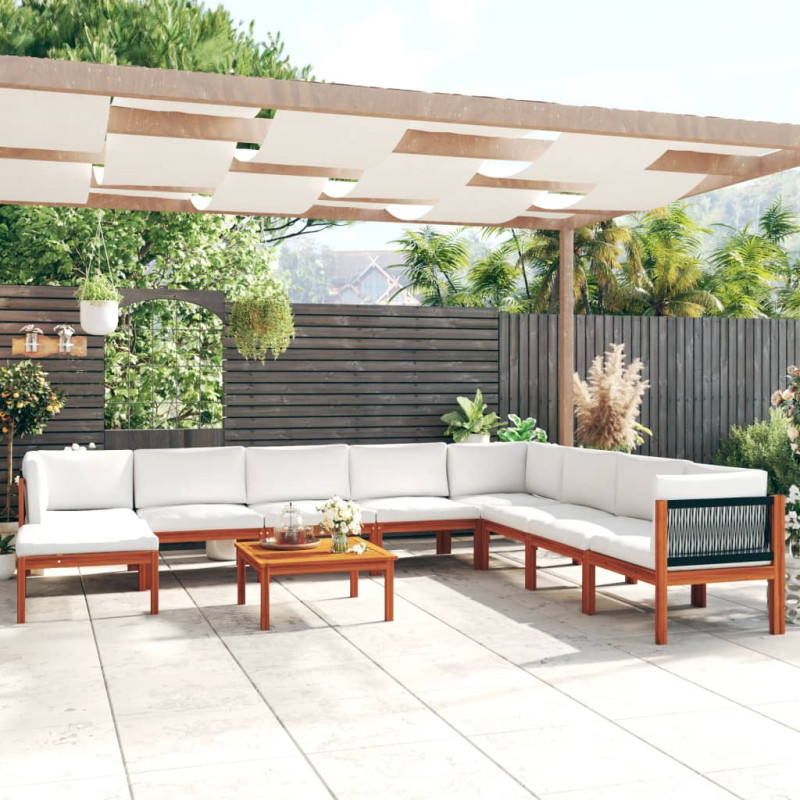 Produktbild för Loungegrupp för trädgården med dyna gräddvit 9 delar akaciaträ