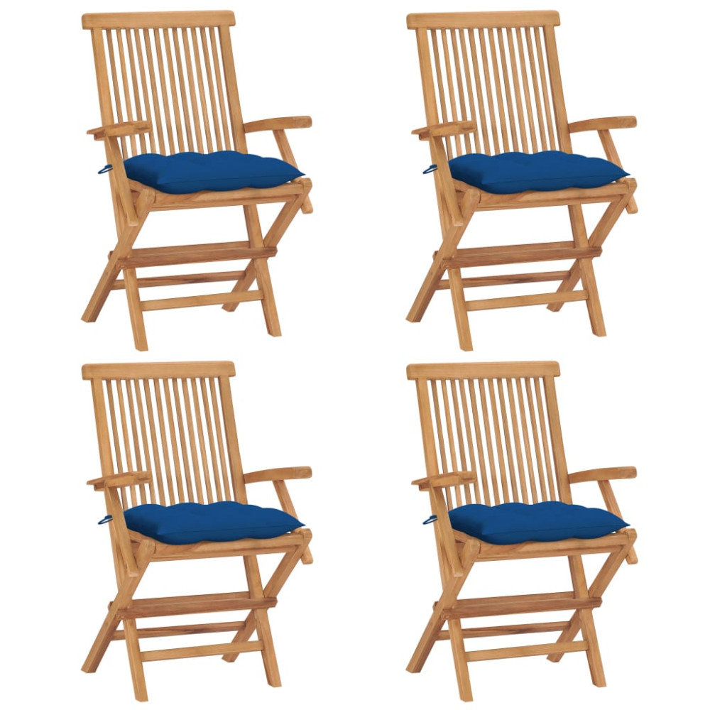 Produktbild för Trädgårdsstolar med blåa dynor 4 st massiv teak