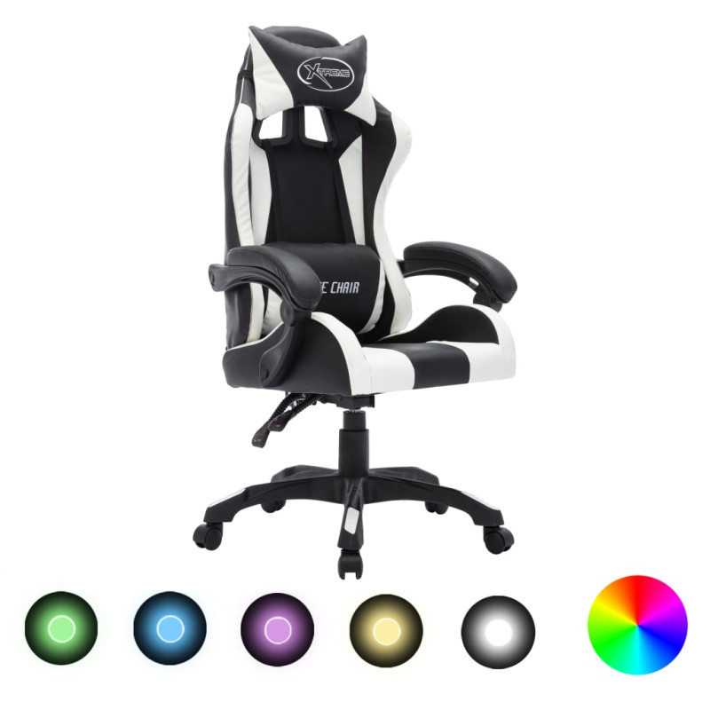 Produktbild för Gamingstol med RGB LED-lampor vit och svart konstläder