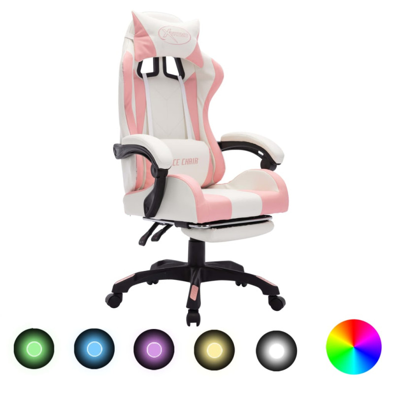 Produktbild för Gamingstol med RGB LED-lampor rosa och vit konstläder