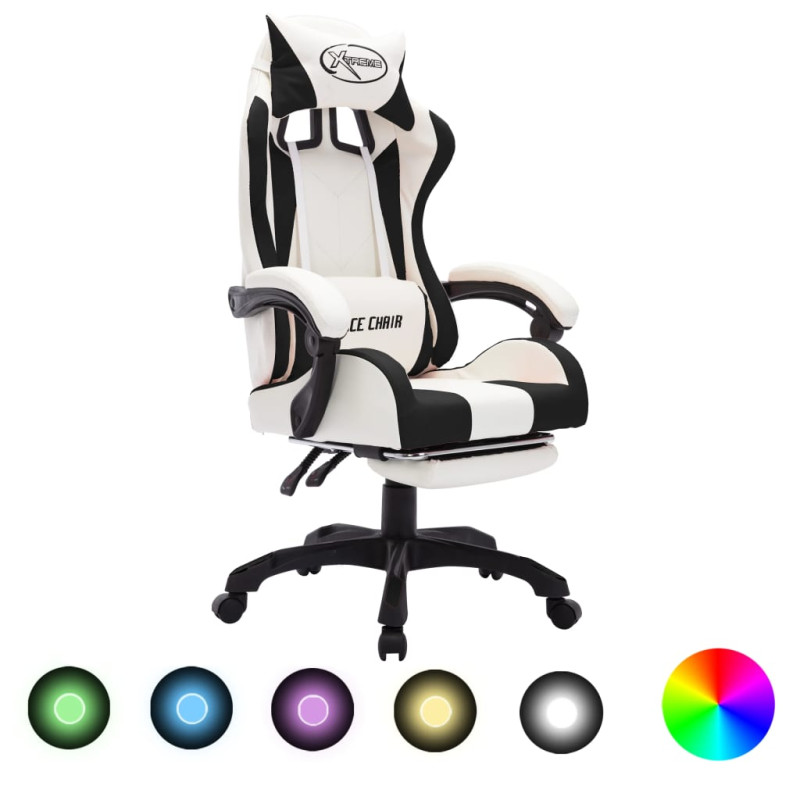 Produktbild för Gamingstol med RGB LED-lampor svart och vit konstläder