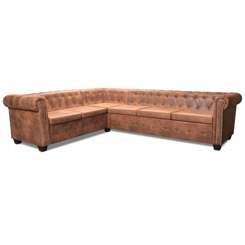 Produktbild för 6-sitsig Chesterfield hörnsoffa konstläder brun