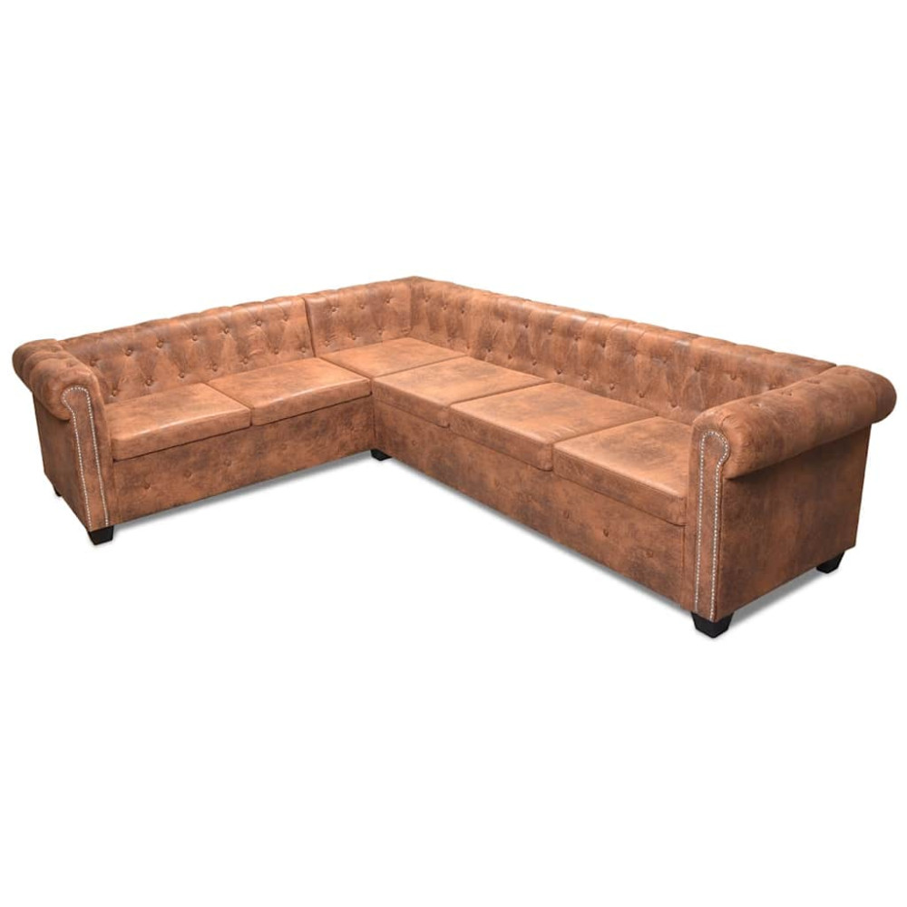 Produktbild för 6-sitsig Chesterfield hörnsoffa konstläder brun