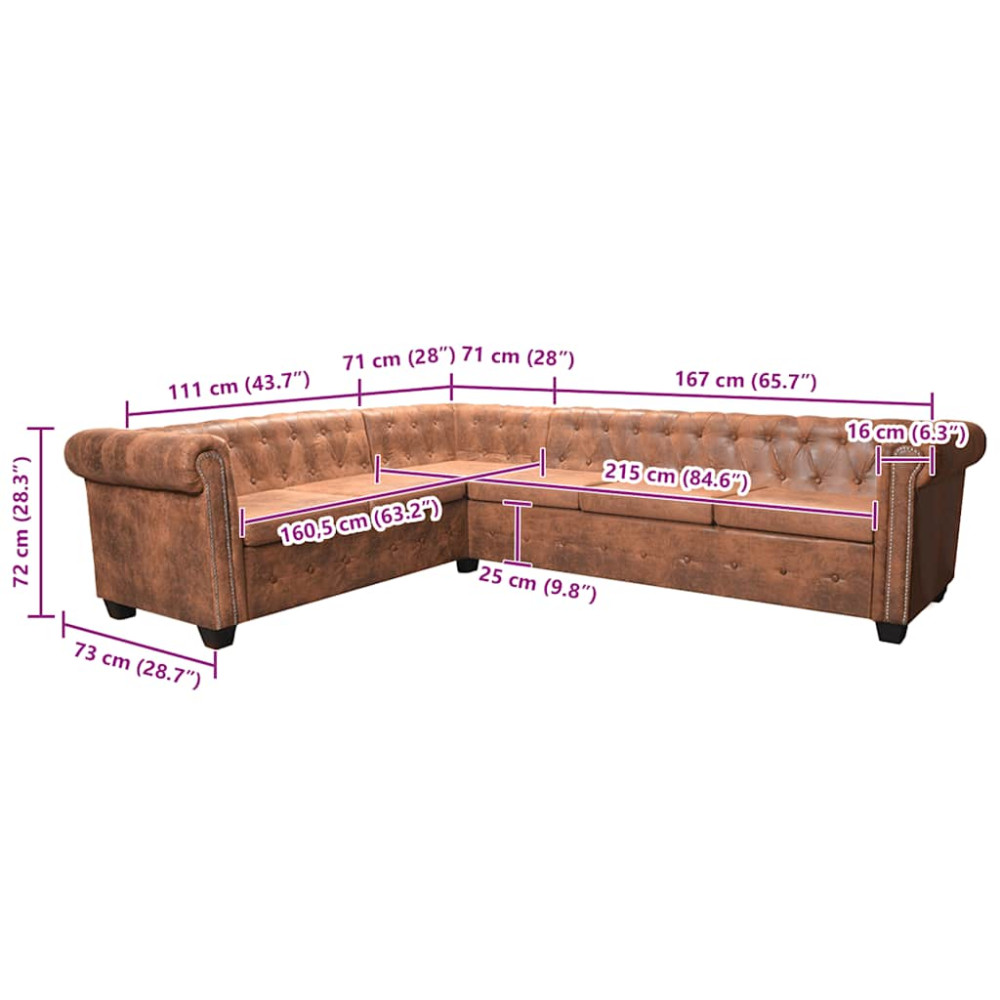 Produktbild för 6-sitsig Chesterfield hörnsoffa konstläder brun