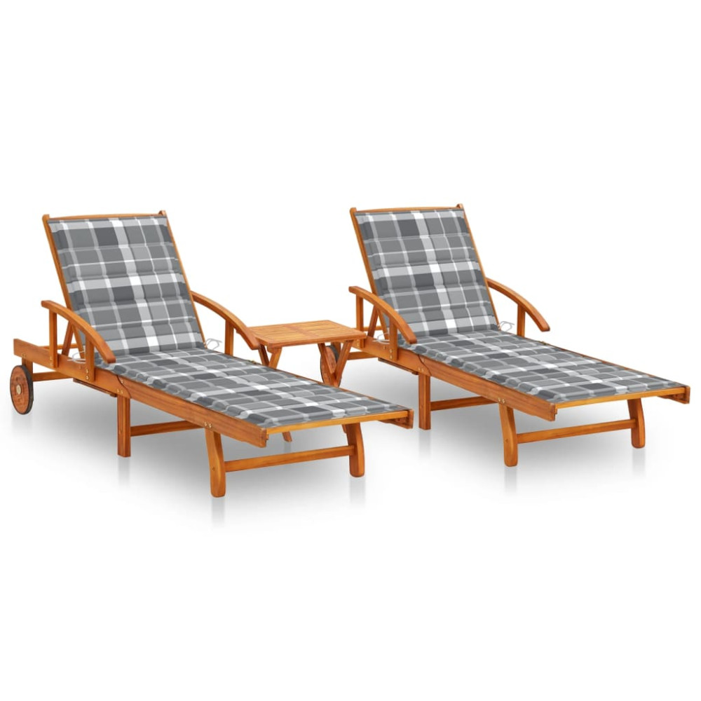 Produktbild för Solsängar 2 st med bord och dynor massivt akaciaträ