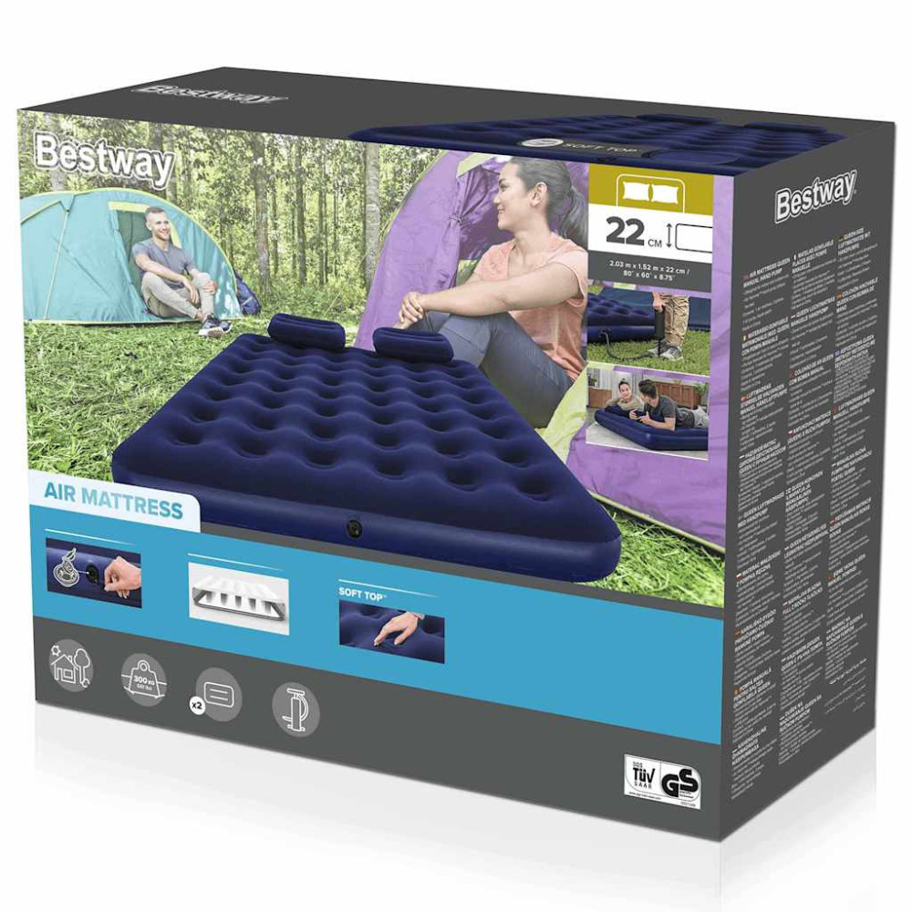 Produktbild för Bestway Luftmadrass med kudde och luftpump 203 x 152 x 22 cm 67374