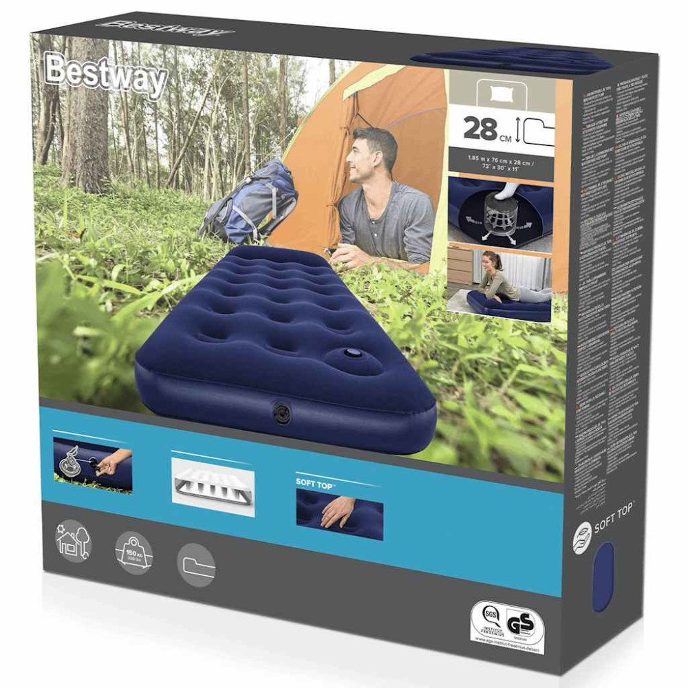 Produktbild för Bestway Luftmadrass med inbyggd fotpump flockad 185 x 76 x 28 cm