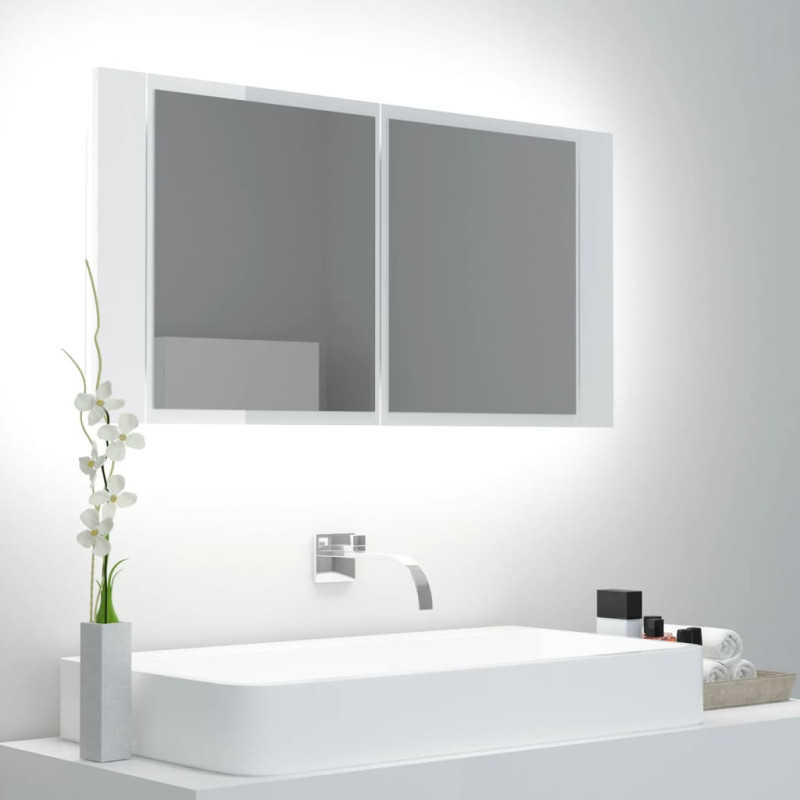 Produktbild för Spegelskåp för badrum LED vit högglans 90x12x45 cm akryl