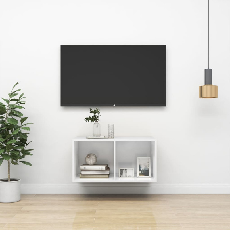 Produktbild för Väggmonterad tv-bänk vit högglans 37x37x72 cm spånskiva