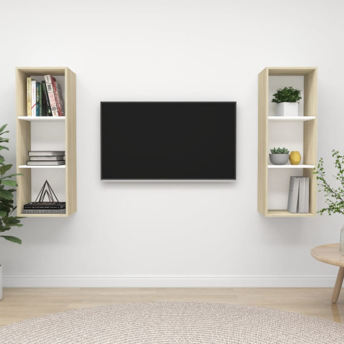 vidaXL Väggmonterade tv-skåp 2 st vit och sonoma-ek konstruerat trä