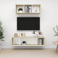 Miniatyr av produktbild för TV-skåp 2 delar vit och sonoma-ek konstruerat trä