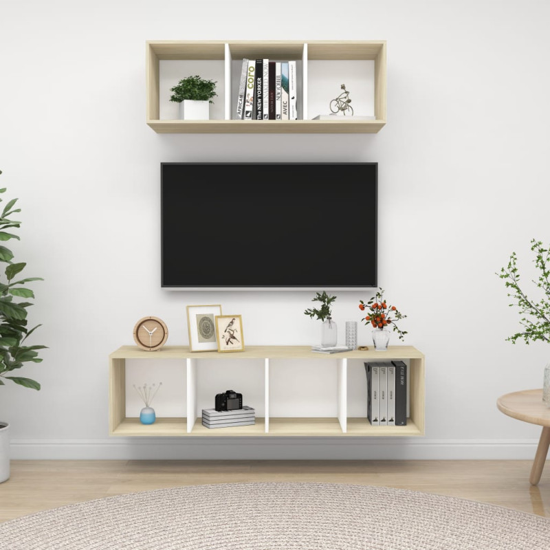 Produktbild för TV-skåp 2 delar vit och sonoma-ek konstruerat trä