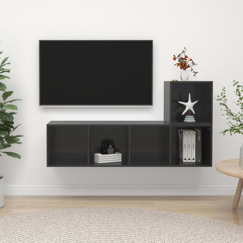 Produktbild för TV-skåp 2 delar grå högglans konstruerat trä