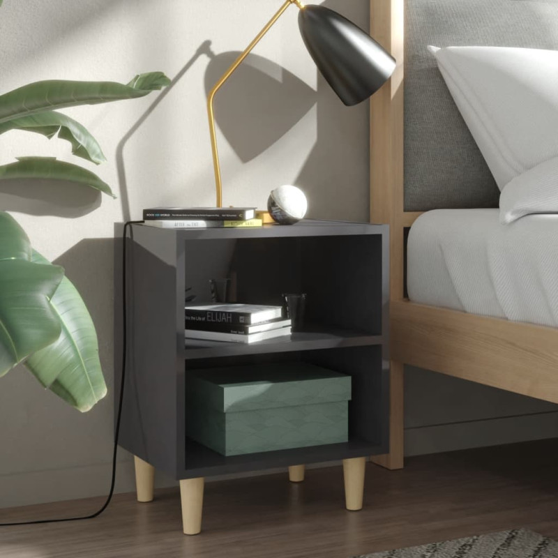 Produktbild för Sängbord med ben i massivt trä 2 st grå högglans 40x30x50 cm