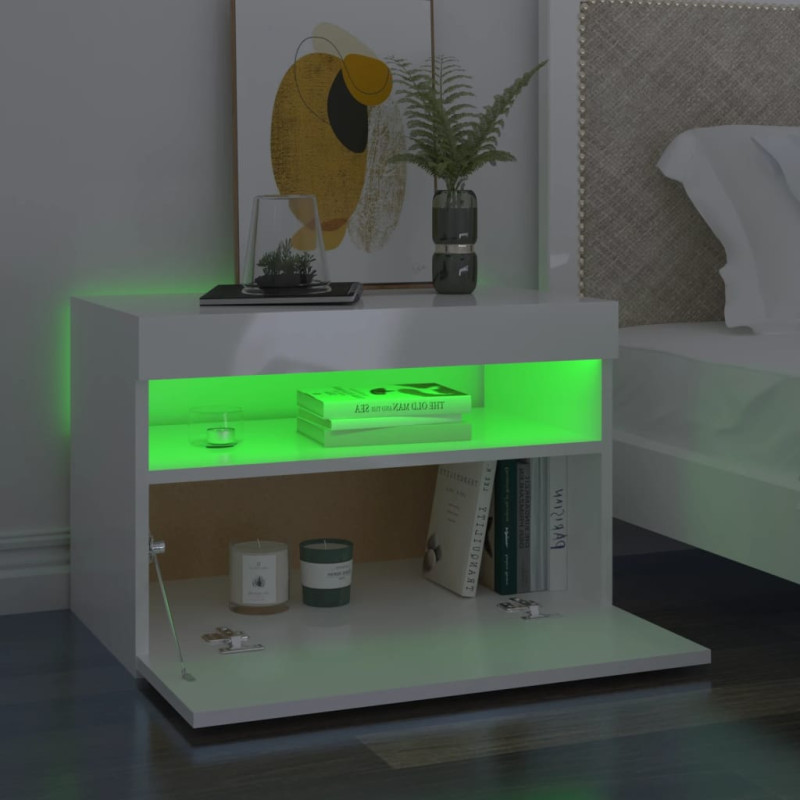 Produktbild för Sängbord med LED-belysning vit högglans 60x35x40 cm