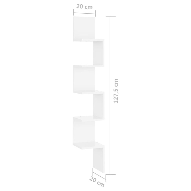 Produktbild för Vägghylla hörn vit högglans 20x20x127,5 cm konstruerat trä