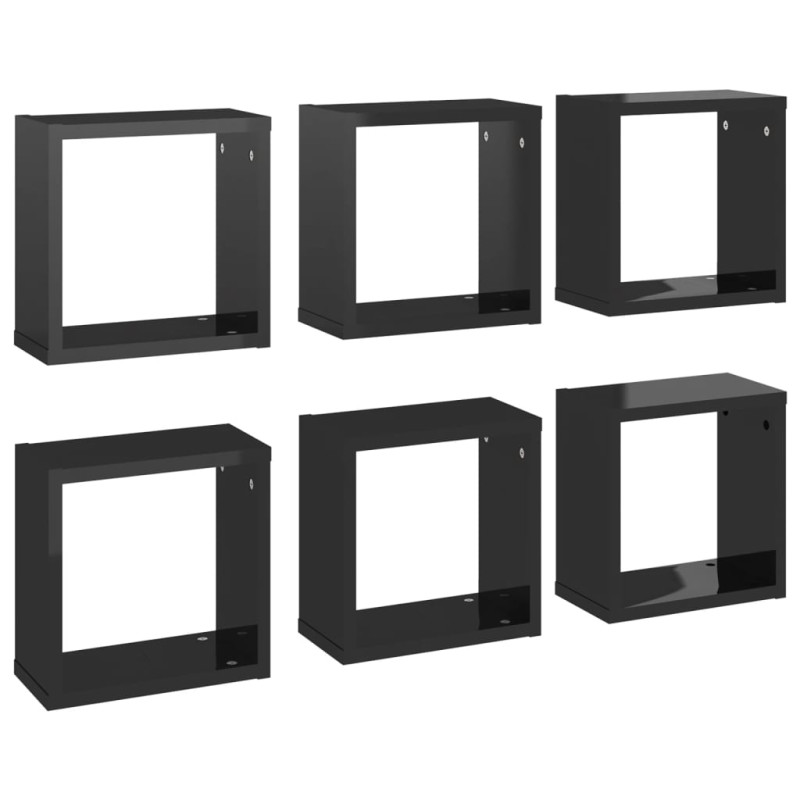 Produktbild för Vägghylla kubformad 6 st svart högglans 30x15x30 cm