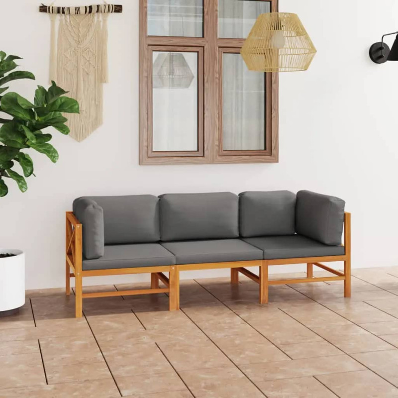 Produktbild för 3-sitssoffa för trädgården med grå dynor massiv teak