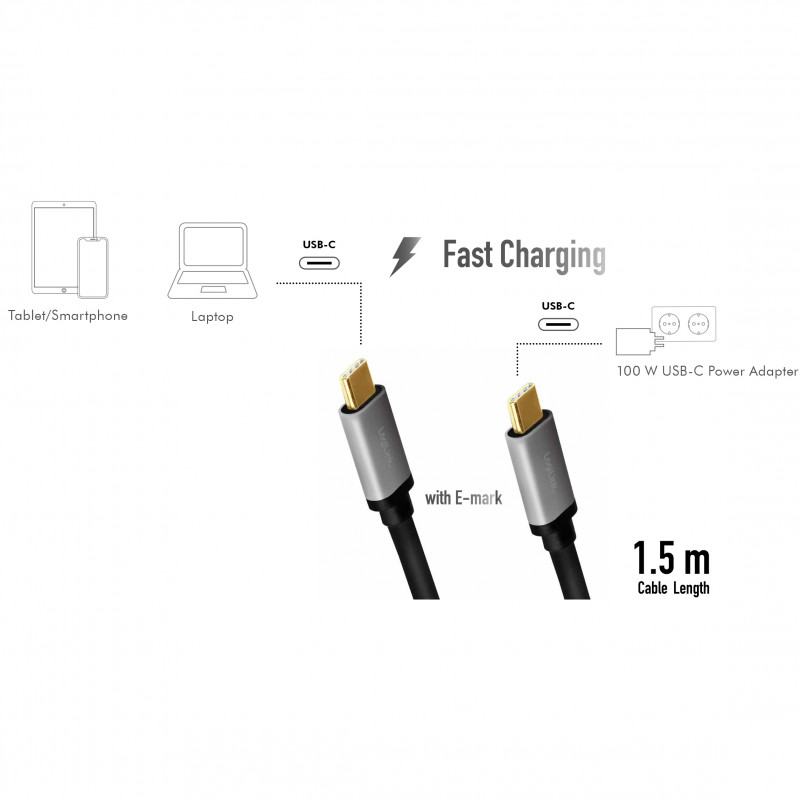 Produktbild för USB-C-kabel USB 2.0 PD 3.0 100W 480 Mbps Alu 1,5m