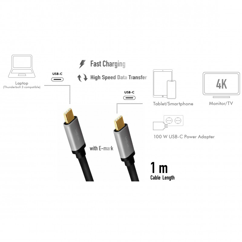 Produktbild för USB-C-kabel USB 3.2 Gen2 PD 3.0 100W 10Gbps 4K/60Hz Alu 1m