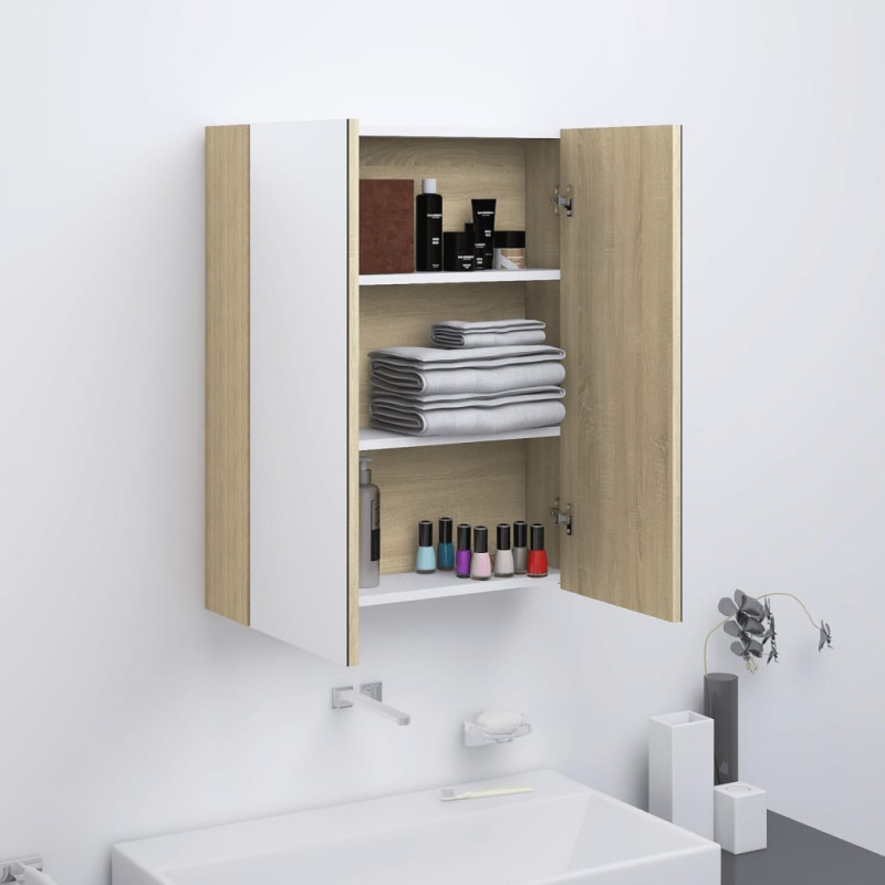 Produktbild för Spegelskåp för badrum vit och ek 60x15x75 cm MDF