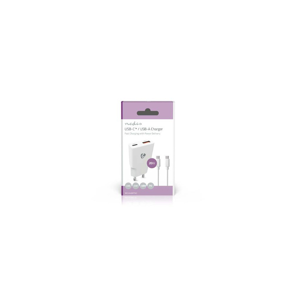 Produktbild för Laddare vägg NEDIS GaN 2xUSB-A/C 1m vit