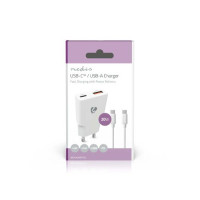 Produktbild för Laddare vägg NEDIS GaN 2xUSB-A/C 1m vit