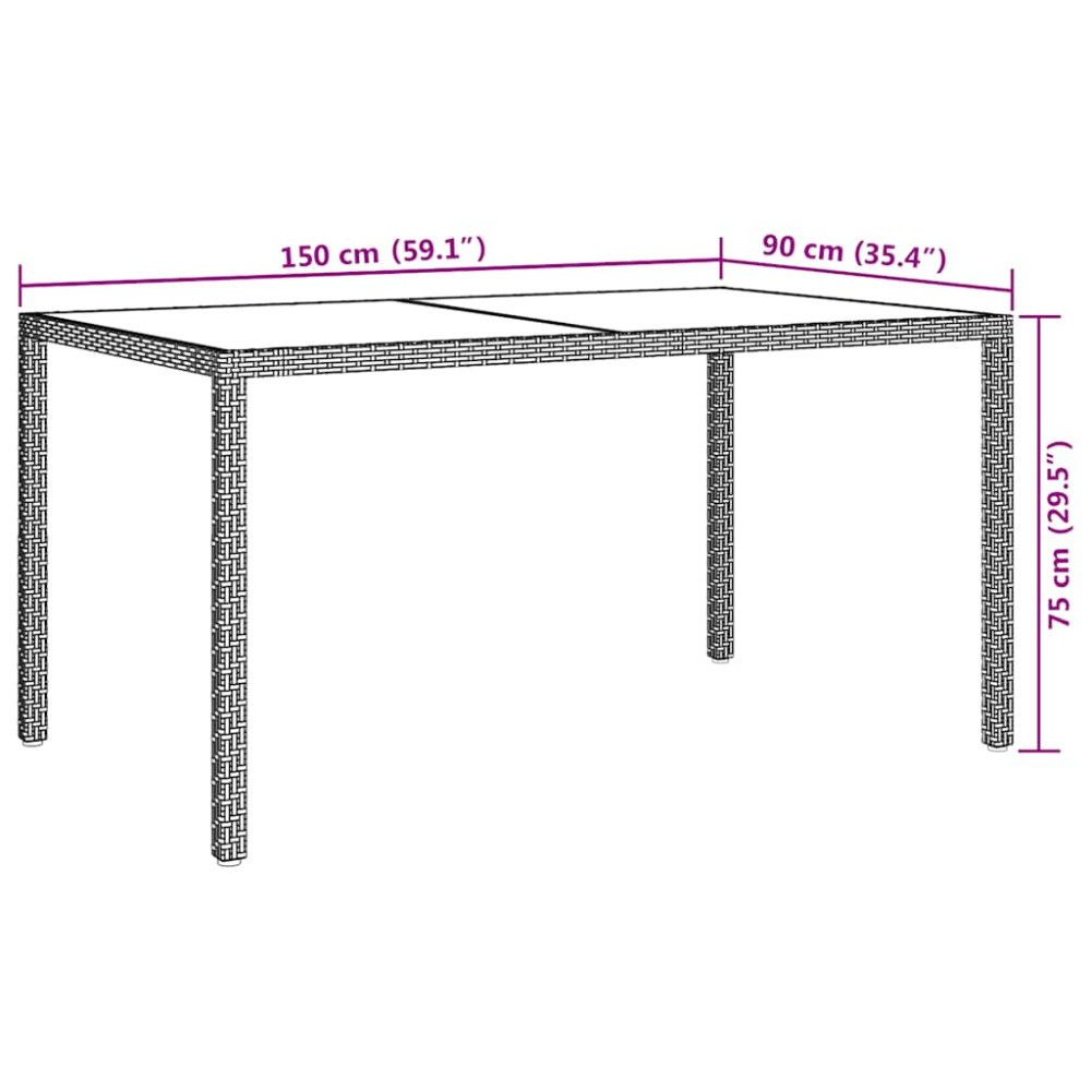 Produktbild för Utebord 150x90x75 cm Härdat glas och konstrotting svart