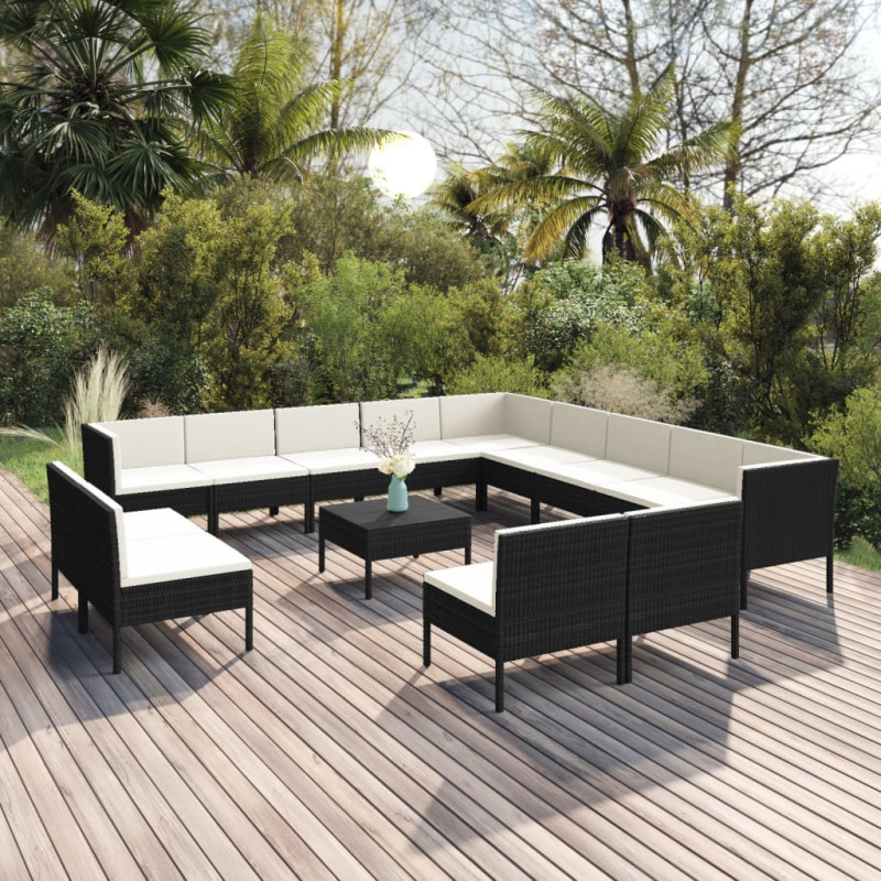 Produktbild för Loungegrupp för trädgården med dynor 14 delar konstrotting svart