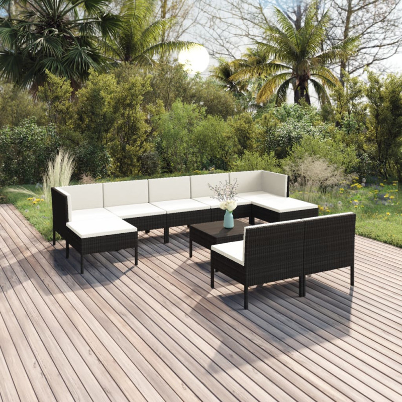 Produktbild för Loungegrupp för trädgården 10 delar m. dynor konstrotting svart