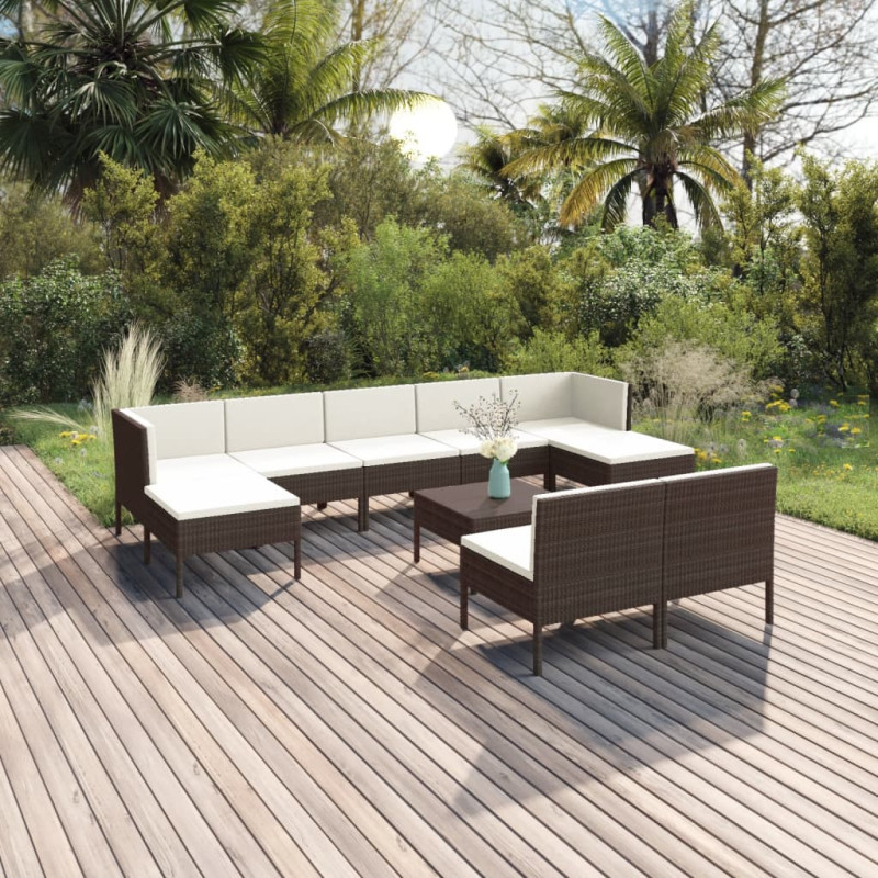 Produktbild för Loungegrupp för trädgården med dynor 10 delar konstrotting brun