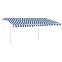 Produktbild för Markis med stolpar automatiskt infällbar 4,5x3 m blå och vit
