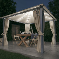 Produktbild för Paviljong med gardin & ljusslinga LED 3x3 m gräddvit aluminium