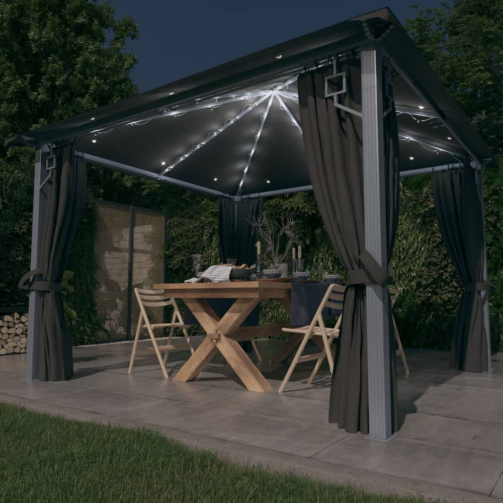 Produktbild för Paviljong med gardin & ljusslinga LED 3x3 m antracit aluminium