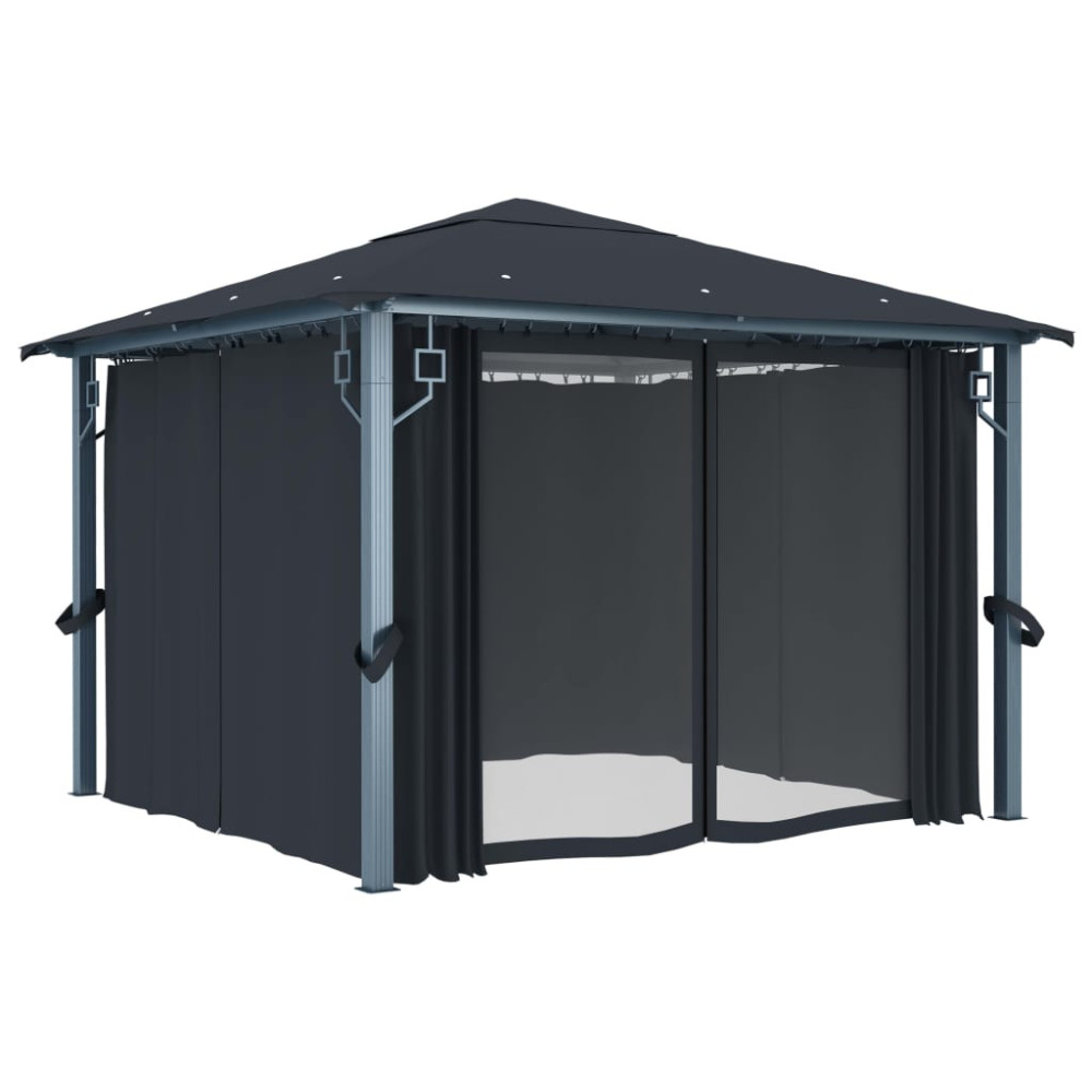 Produktbild för Paviljong med gardin & ljusslinga LED 3x3 m antracit aluminium