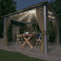 Produktbild för Paviljong med gardin & ljusslinga LED 3x3m taupe aluminium