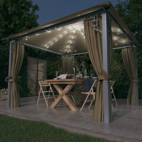 vidaXL Paviljong med gardin & ljusslinga LED 3x3m taupe aluminium