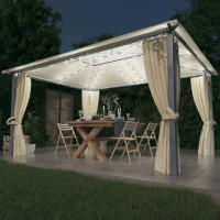 Produktbild för Paviljong med gardin & ljusslinga LED 4x3 m gräddvit aluminium