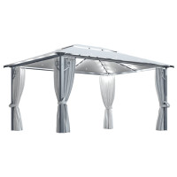Produktbild för Paviljong med gardin & ljusslinga LED 4x3 m gräddvit aluminium